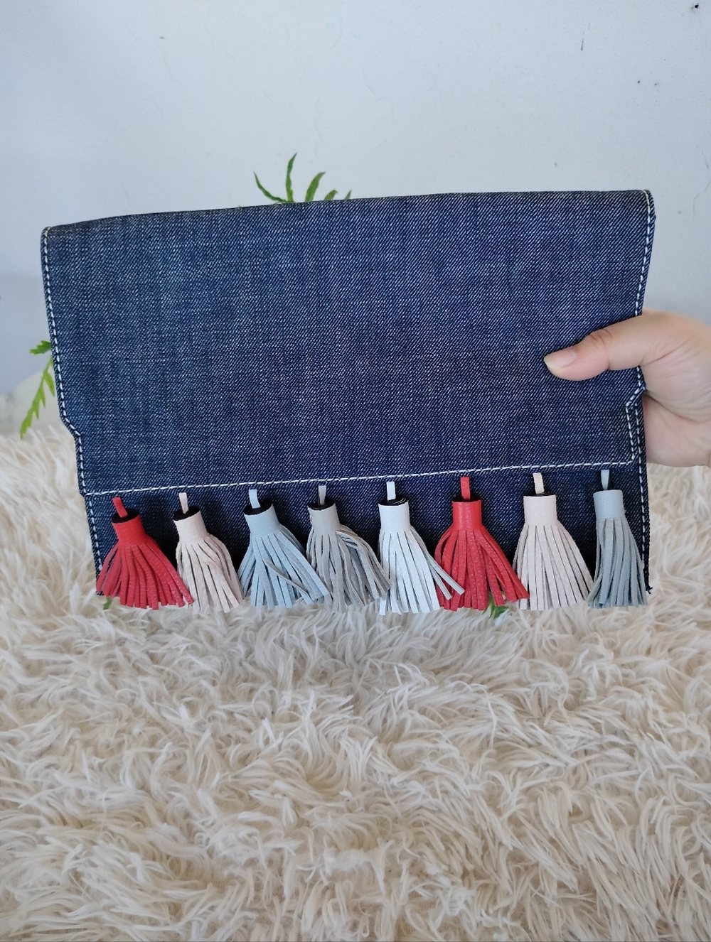 Rebecca Minkoff Denim Clutch with Tassel Fringe - Multicolor